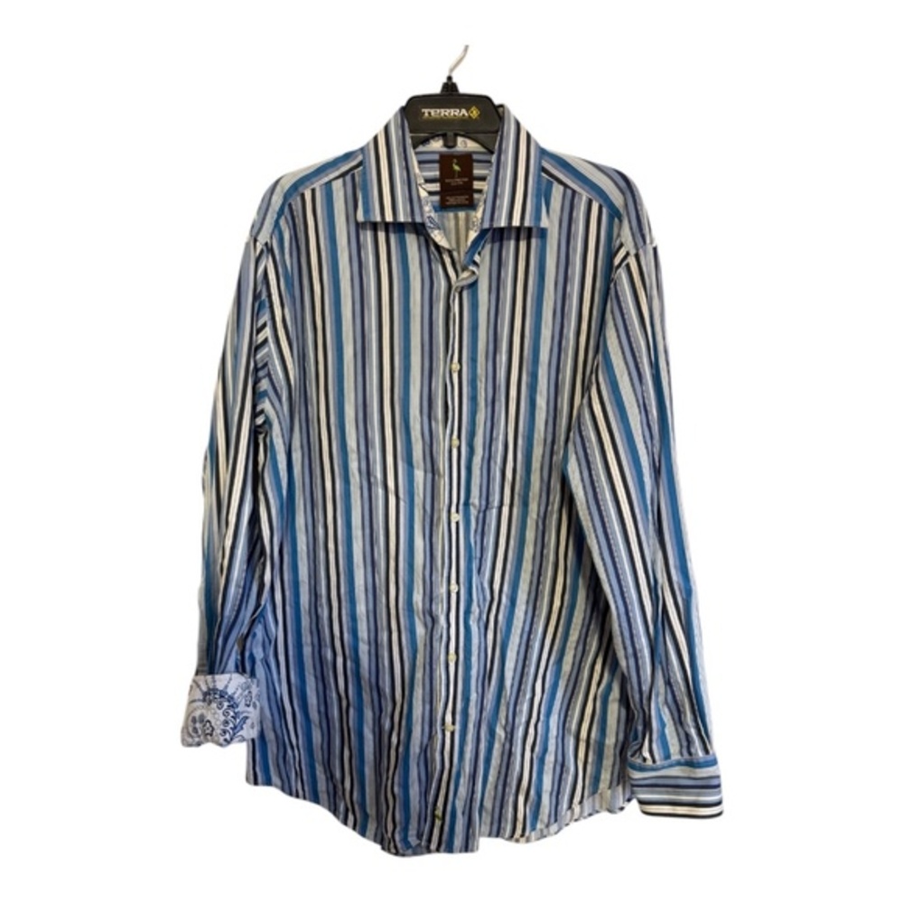 Tailorbyrd Dress Shirt Mens Size XXL Blue Striped 100% Cotton Flip Cuff Classic